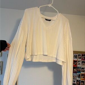 SHEIN Cream Ribbed V-Neck Crop Top